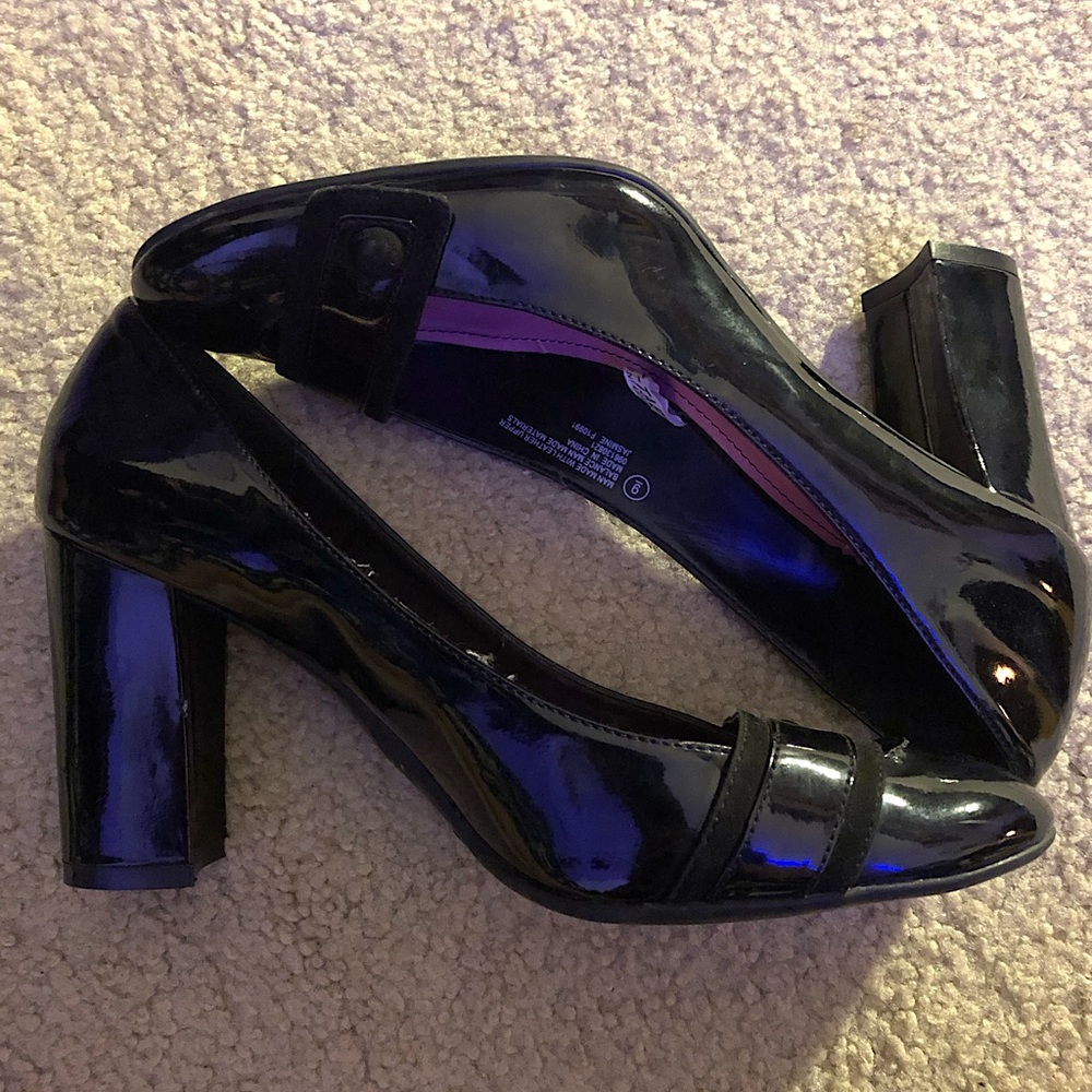 black leather block high heels